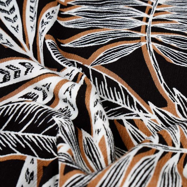 Tissu Viscose texturé Feuilles de palmier sur fond Noir