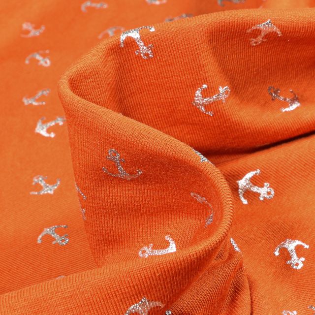 Tissu Jersey Coton Ancres métallisées argentées sur fond Orange