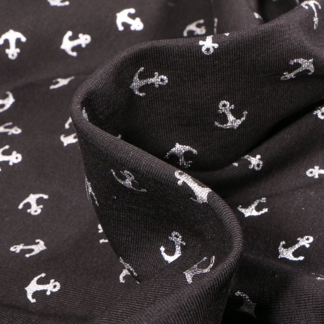 Tissu Jersey Coton Ancres métallisées argentées sur fond Noir