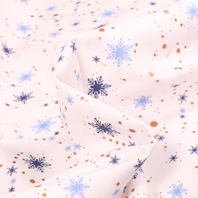 Tissu Coton imprimé Flocons de neige et étoiles sur fond Blanc cassé