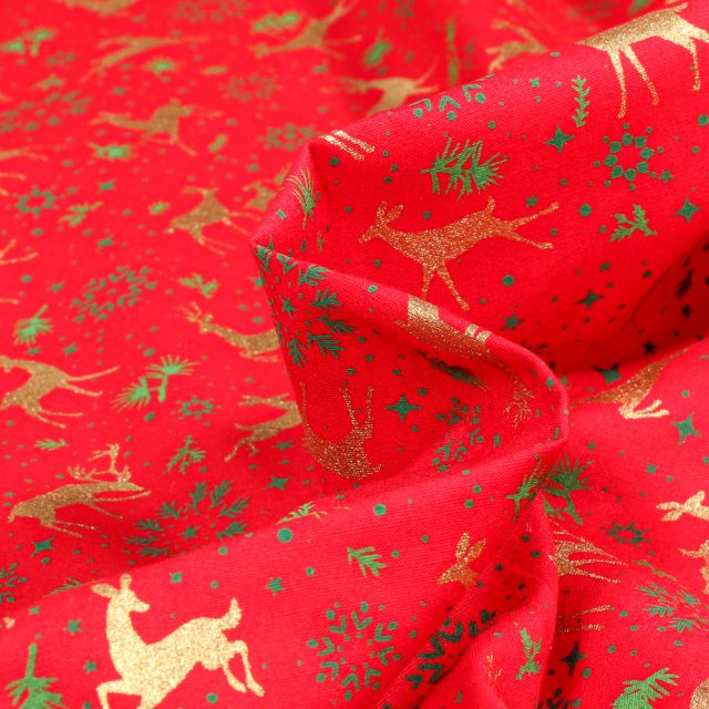 Tissu Coton imprimé Cerfs & biches dorés sur fond Rouge