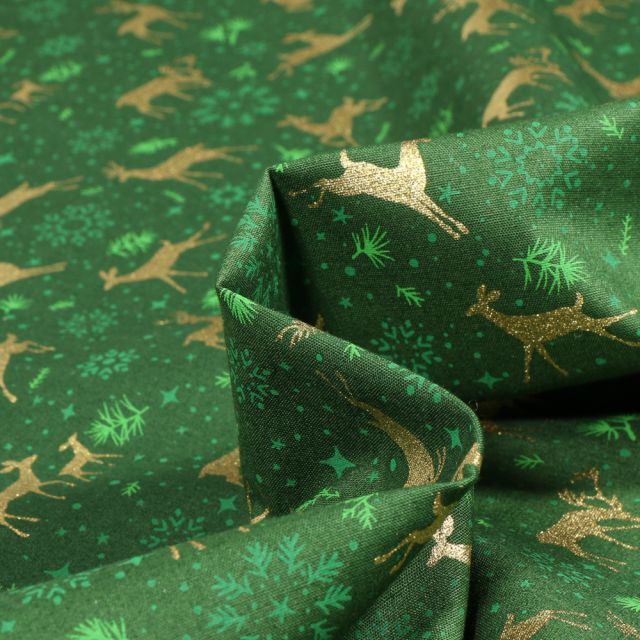 Tissu Coton imprimé Cerfs & biches dorés sur fond Vert