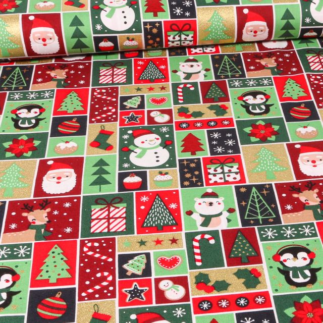 Tissu Coton imprimé Carte Noel sur fond Rouge
