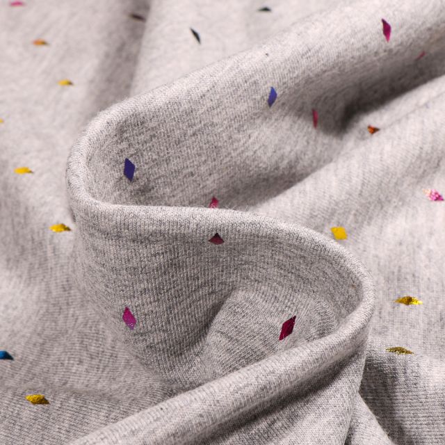 Tissu Jersey Coton Losanges multicolores métallisés sur fond Gris clair chiné