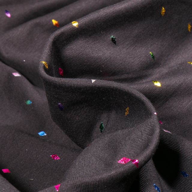 Tissu Jersey Coton Losanges multicolores métallisés sur fond Noir