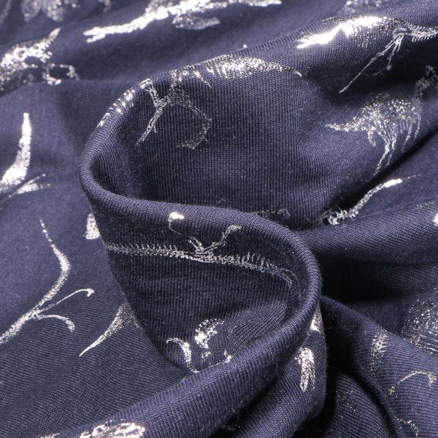 Tissu Jersey Coton Squelettes Dino métallisé sur fond Bleu marine