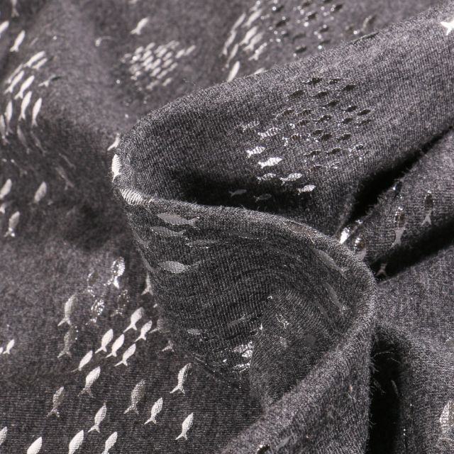 Tissu Jersey Coton Petits poissons métallisés sur fond Gris foncé chiné