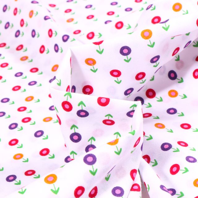 Tissu Coton imprimé Fleur stylisée multicolore sur fond Blanc