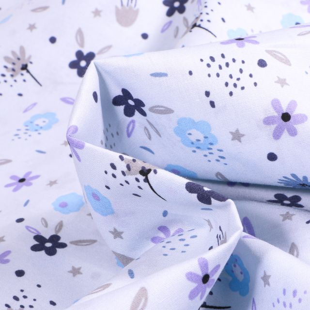Tissu Coton imprimé LittleBird Baby flower sur fond Bleu ciel