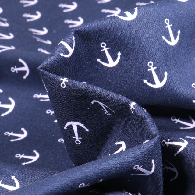 Tissu Coton imprimé Ancre marine 1.5 cm  sur fond Bleu marine