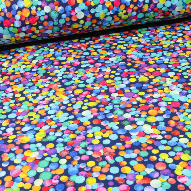 Tissu Sofshell Bonbons multicolores sur fond Bleu marine