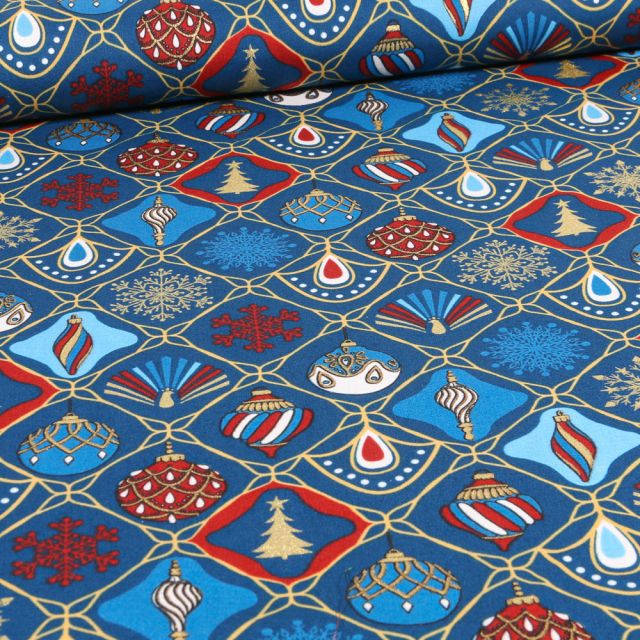 Tissu Coton imprimé Patchwork de noël sur fond Bleu