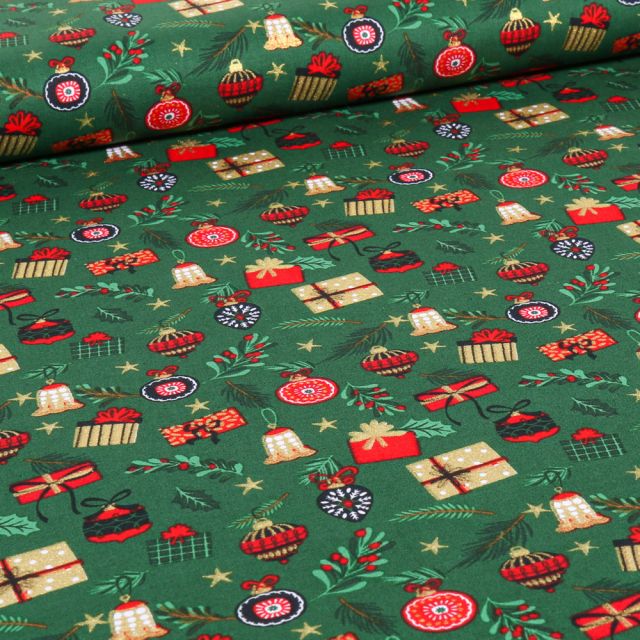 Tissu Coton imprimé Cadeaux de Noël dorés sur fond Vert