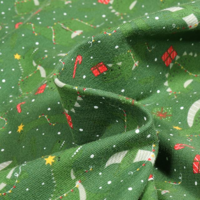 Tissu Jersey Coton Dino Christmas sur fond Vert