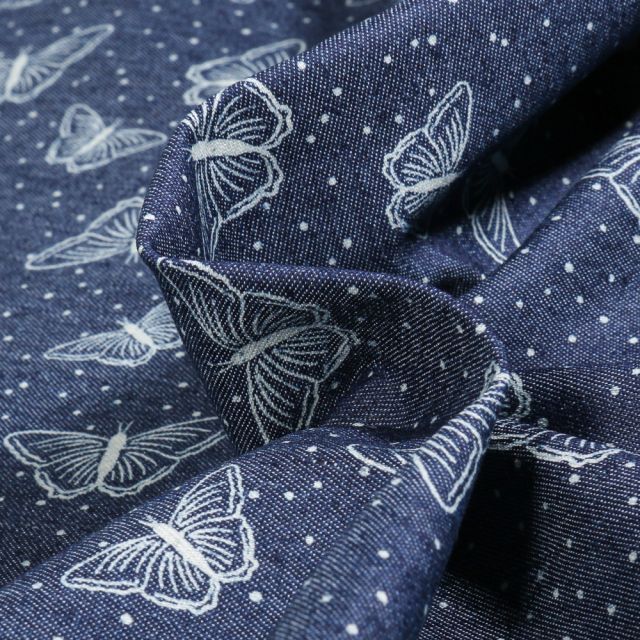 Tissu Chambray stretch Papillons et petits pois sur fond Bleu foncé