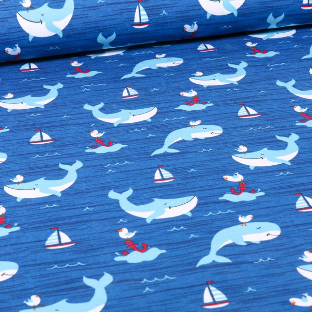 Tissu Jersey Coton Happy Baleines sur fond Bleu