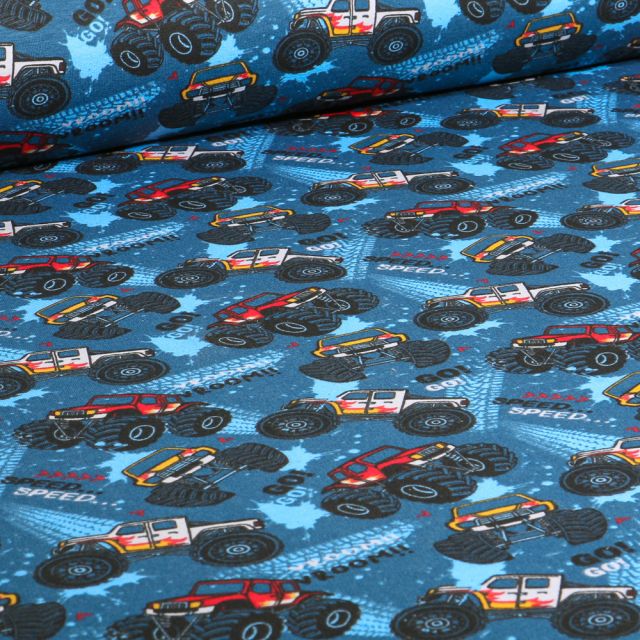 Tissu Jersey Coton envers gratté Monster truck sur fond Bleu foncé
