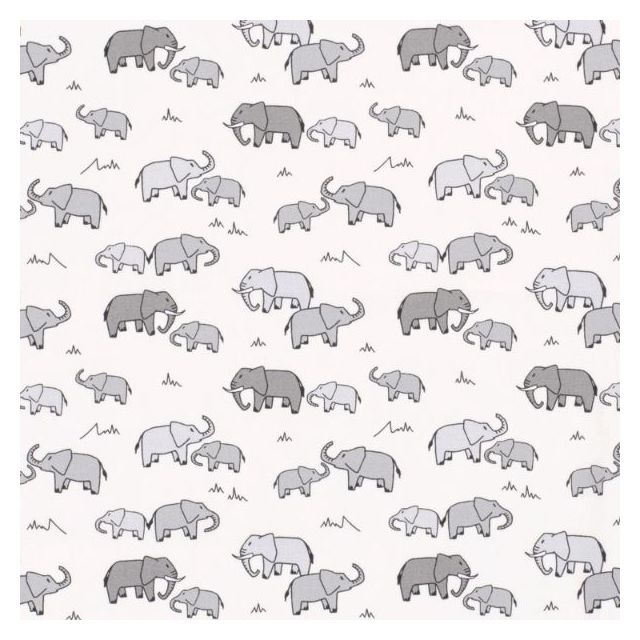 Tissu Coton imprimé Éléphant gris sur fond Blanc cassé