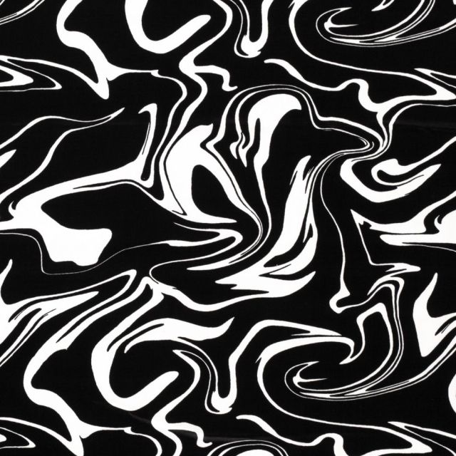 Tissu Viscose satiné motifs abstraits blancs sur fond Noir