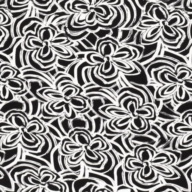 Tissu Popeline de Viscose Fleurs dessinées sur fond Noir