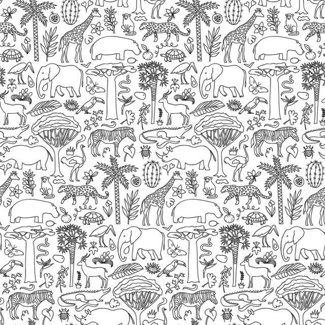 Tissu Popeline de Coton à colorier Arty Safari sur fond Blanc
