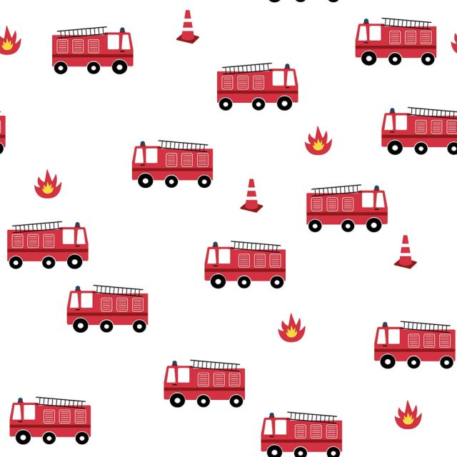 Tissu Popeline de Coton Camions de pompiers sur fond Blanc