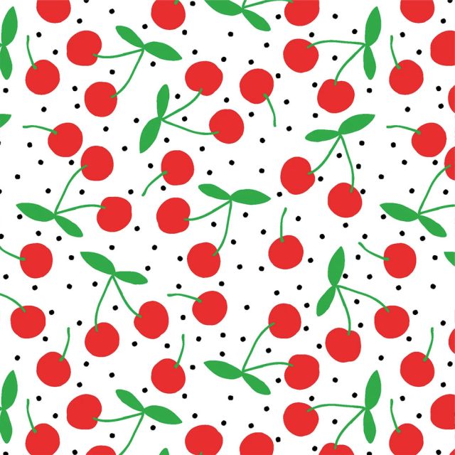 Tissu Popeline de Coton Cherries rouges sur fond Blanc