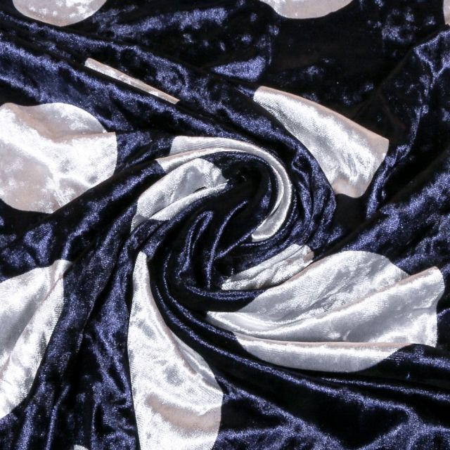 Tissu Panne de velours Marine Cercles Blancs - Par 10 cm