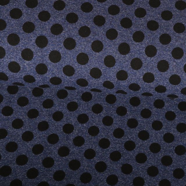 Tissu Jersey Jogging Pois 10mm Noirs sur fond Bleu foncé - Par 10 cm