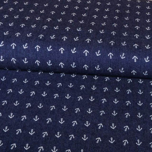 Tissu Chambray Ancres Blanches sur fond Bleu jean foncé - Par 10 cm