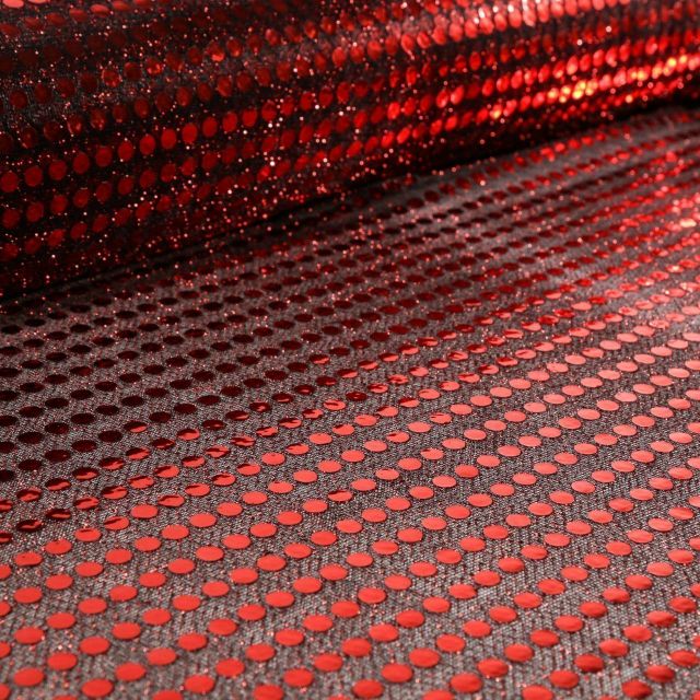 Tissu Jersey Paillettes Rouges sur fond Noir - Par 10 cm