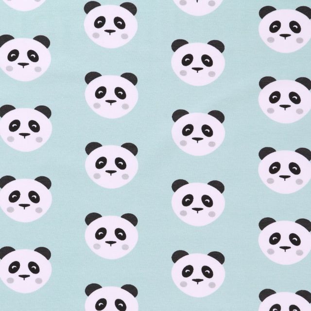 Tissu Jersey Arty Têtes de Pandas Noires et blanches sur fond Menthe - Par 10 cm