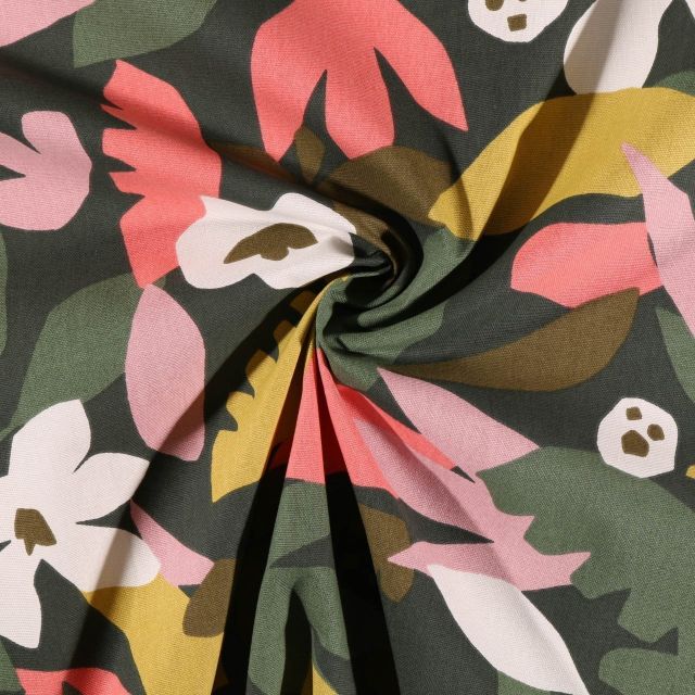Tissu Toile de Coton Arty Feuilles et fleurs sur fond Vert foncé - Par 10 cm