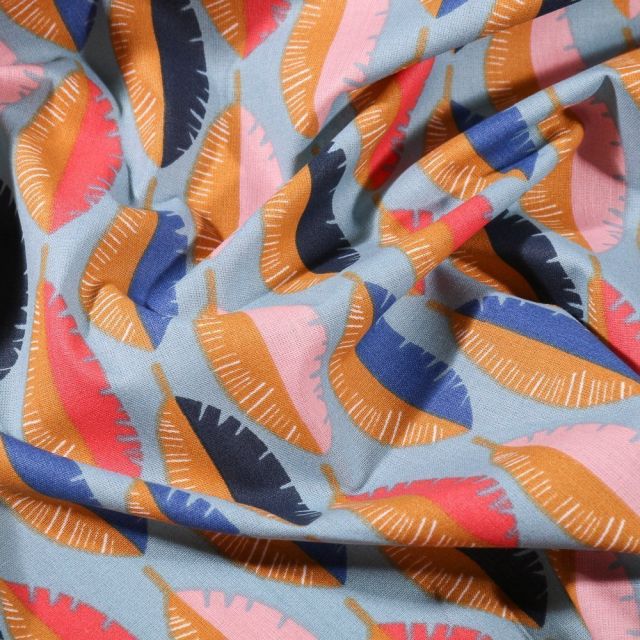 Tissu Coton imprimé Arty Feuilles bicolores sur fond Bleu - Par 10 cm