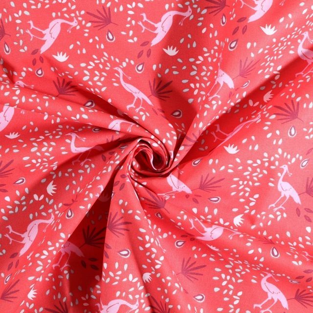 Tissu coton imprimé Arty Oiseaux rose et pétales menthe sur fond Rouge - Par 10 cm
