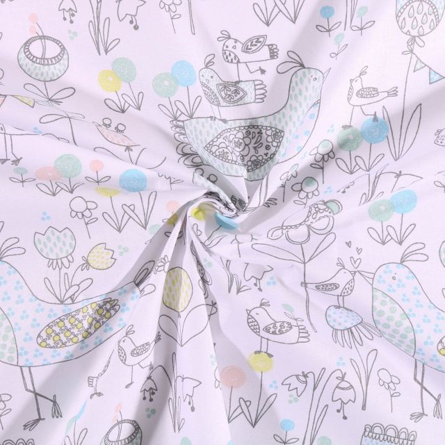 Tissu coton imprimé Arty Poules et fleurs pastel sur fond Blanc - Par 10 cm