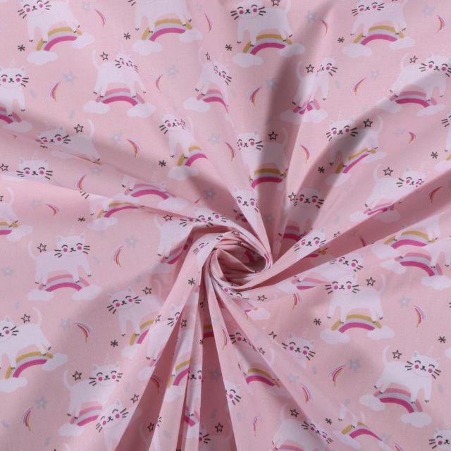 Tissu Coton imprimé Arty Chats et arc en ciel sur fond Rose - Par 10 cm