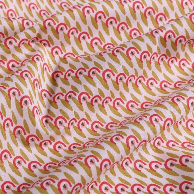 Tissu Coton imprimé Arty Poissons verts et corail sur fond Blanc - Par 10 cm