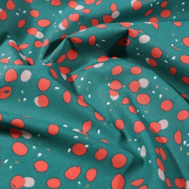 Tissu Coton imprimé Arty Pois rouge et gris sur fond Vert émeraude - Par 10 cm