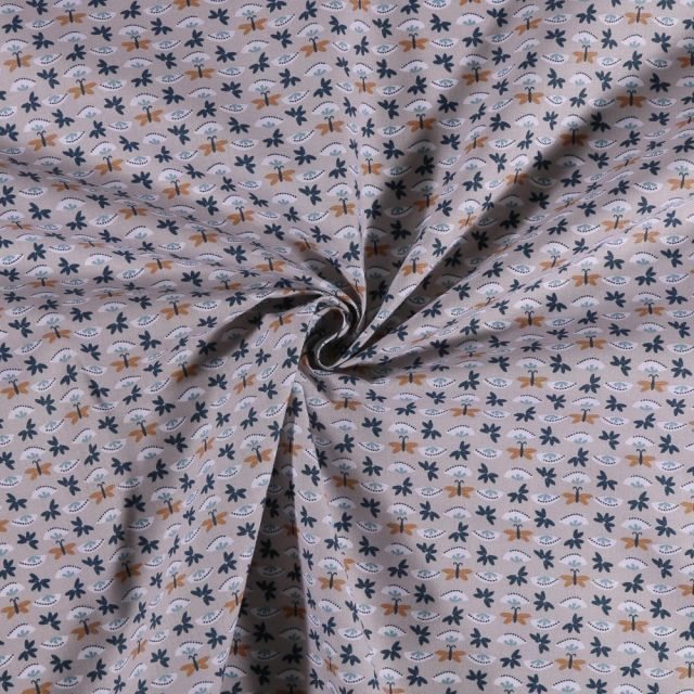 Tissu Coton imprimé Petits papillons et éventails sur fond Gris - Par 10 cm