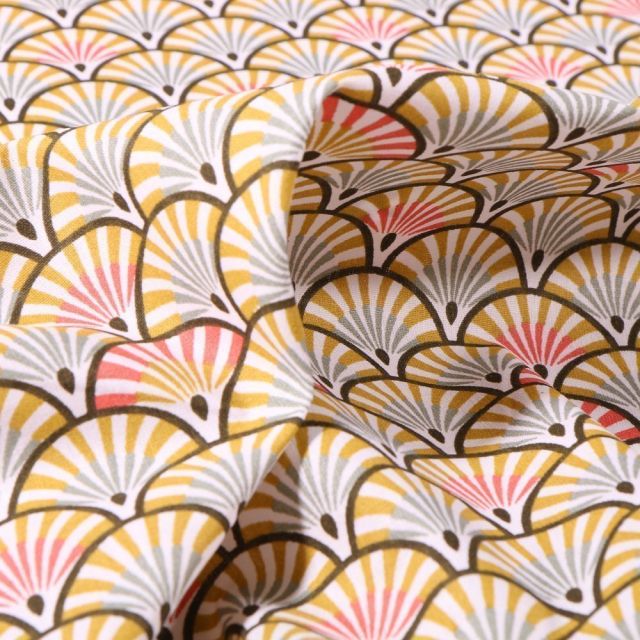 Tissu Coton imprimé Arty Eventails anis et corail sur fond Blanc - Par 10 cm