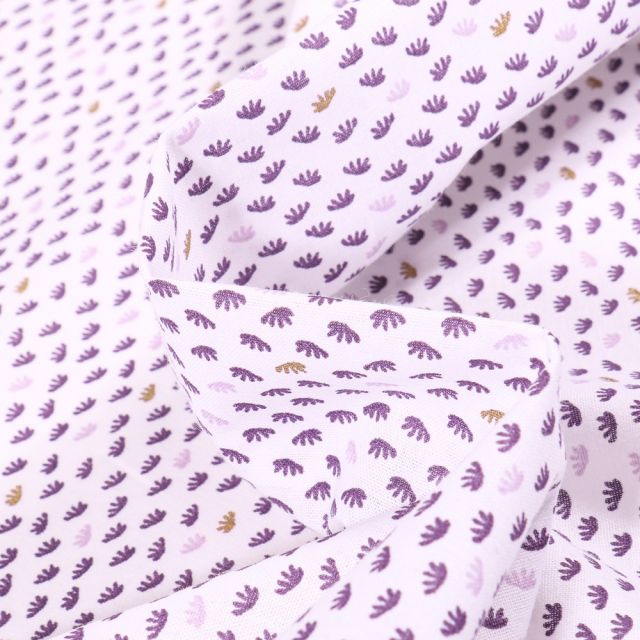 Tissu Coton imprimé Arty Dear violet et dorés sur fond Blanc