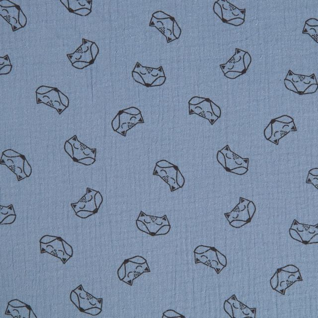 Tissu double gaze de coton Renards noirs sur fond Bleu jean - Par 10 cm