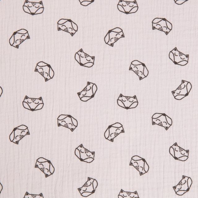 Tissu double gaze de coton Renards noirs sur fond Blanc - Par 10 cm
