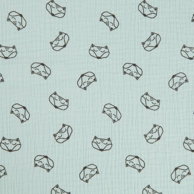 Tissu double gaze de coton Renards noirs sur fond Menthe - Par 10 cm