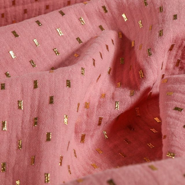 Tissu Double gaze Pointillés dorés Rose poudré - Par 10 cm