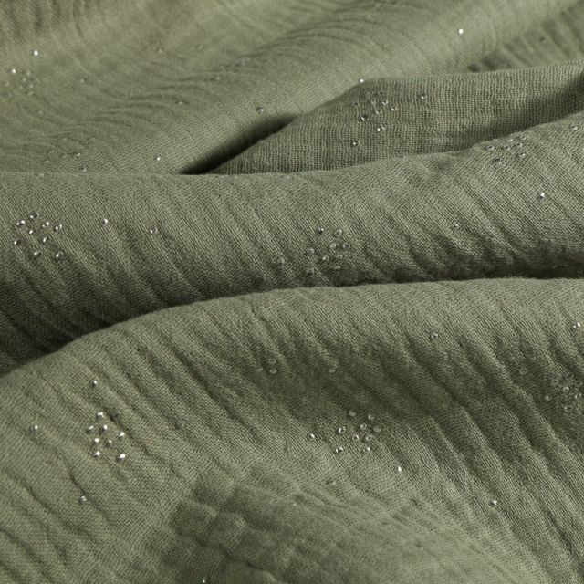 Tissu Double gaze Pois argentés Vert kaki - Par 10 cm
