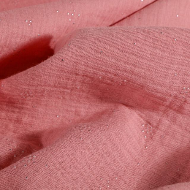 Tissu Double gaze Pois argentés Vieux rose - Par 10 cm