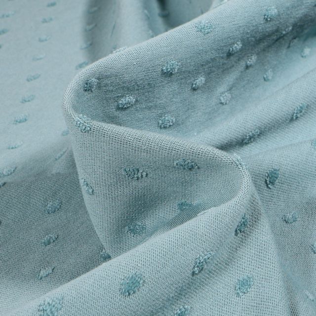 Tissu Jersey Coton  Plumetis sur fond Bleu céladon