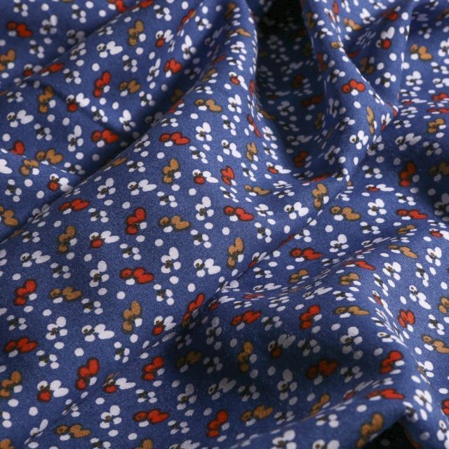 Tissu Viscose Arty Petite fleurs ocre et rouge sur fond Bleu - Par 10 cm